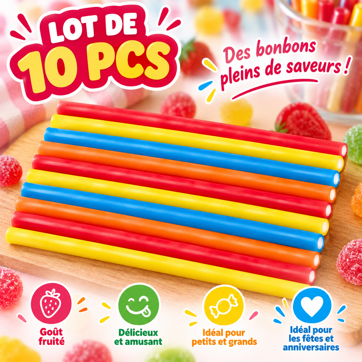 Bâtons fourrés churritos Arc-en-ciel lisses x10 pcs