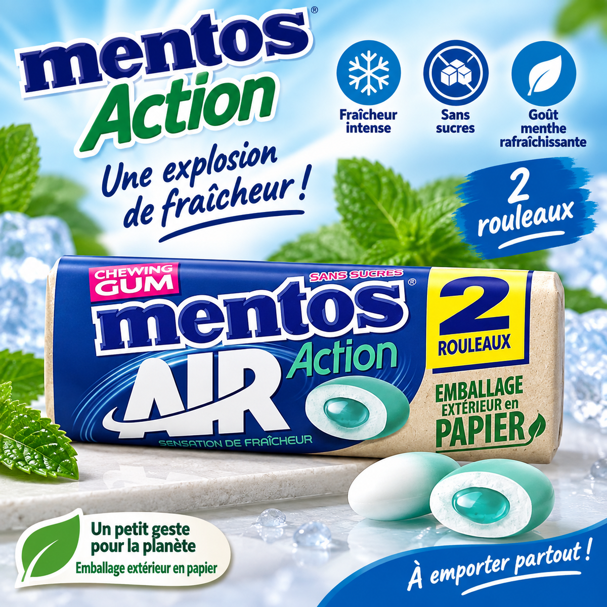 Mentos Gum Air Action menthol eucalyptus - 2 x 8 dragées