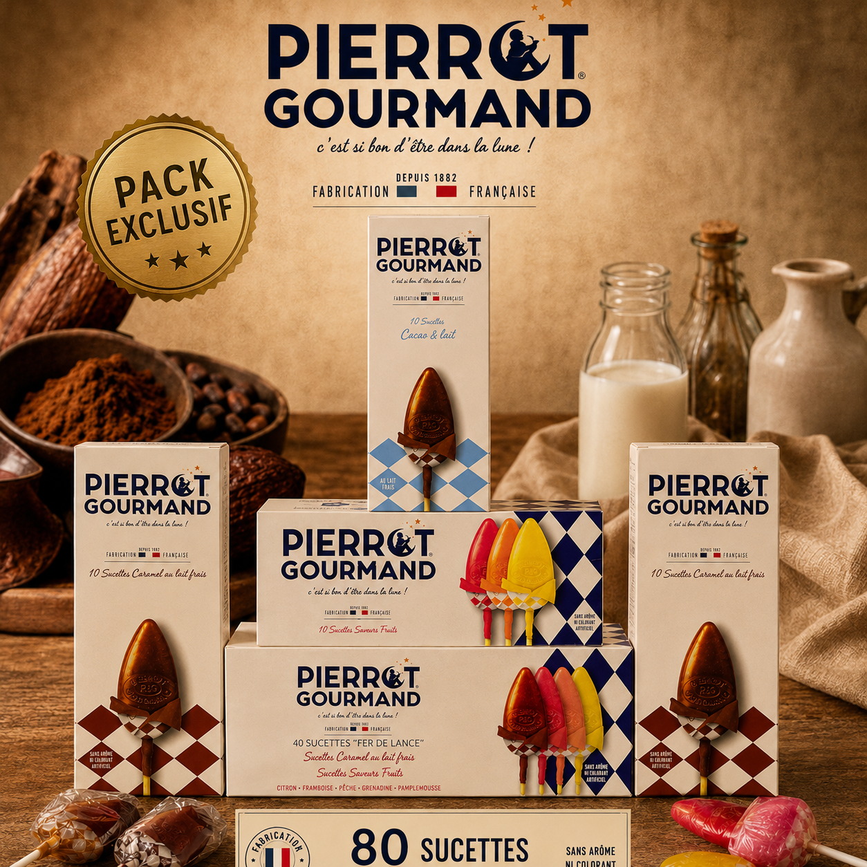 Pack Exclusif de 80 sucettes Pierrot Gourmand 7 saveurs