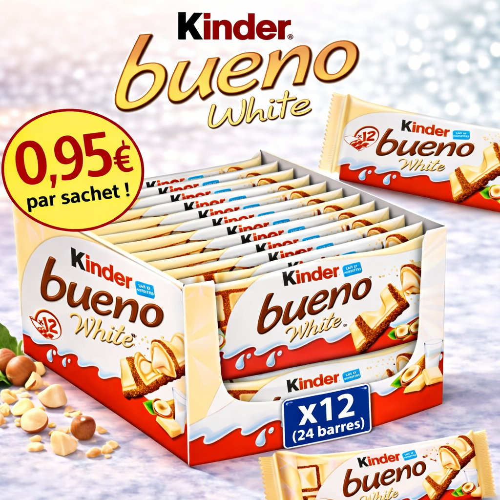 Kinder Bueno White x12– 43g, boîte de 12 unités, barre chocolaté gourmandes, chocolat au lait. tiramisu s