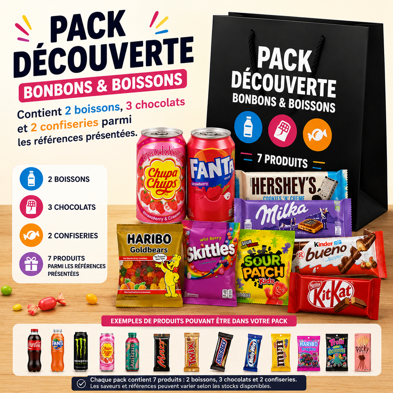 Sac Découverte Bonbons & Boissons – contient 2 boissons, 3 chocolats et 2 confiseries parmi les produits présentés.