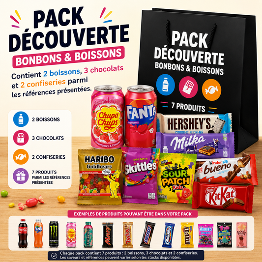 Sac Découverte Bonbons & Boissons – contient 2 boissons, 3 chocolats et 2 confiseries parmi les produits présentés.